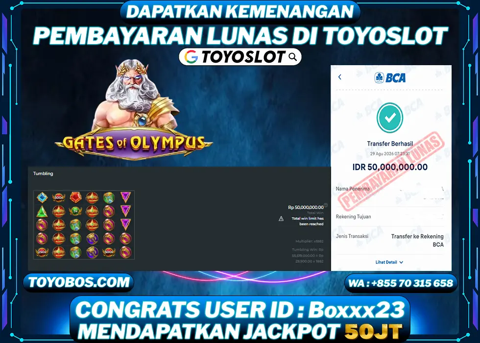 TOYOSLOT - BUKTI KEMENANGAN JACKPOT Gates of Olympus Rp50,000,000,- LUNAS